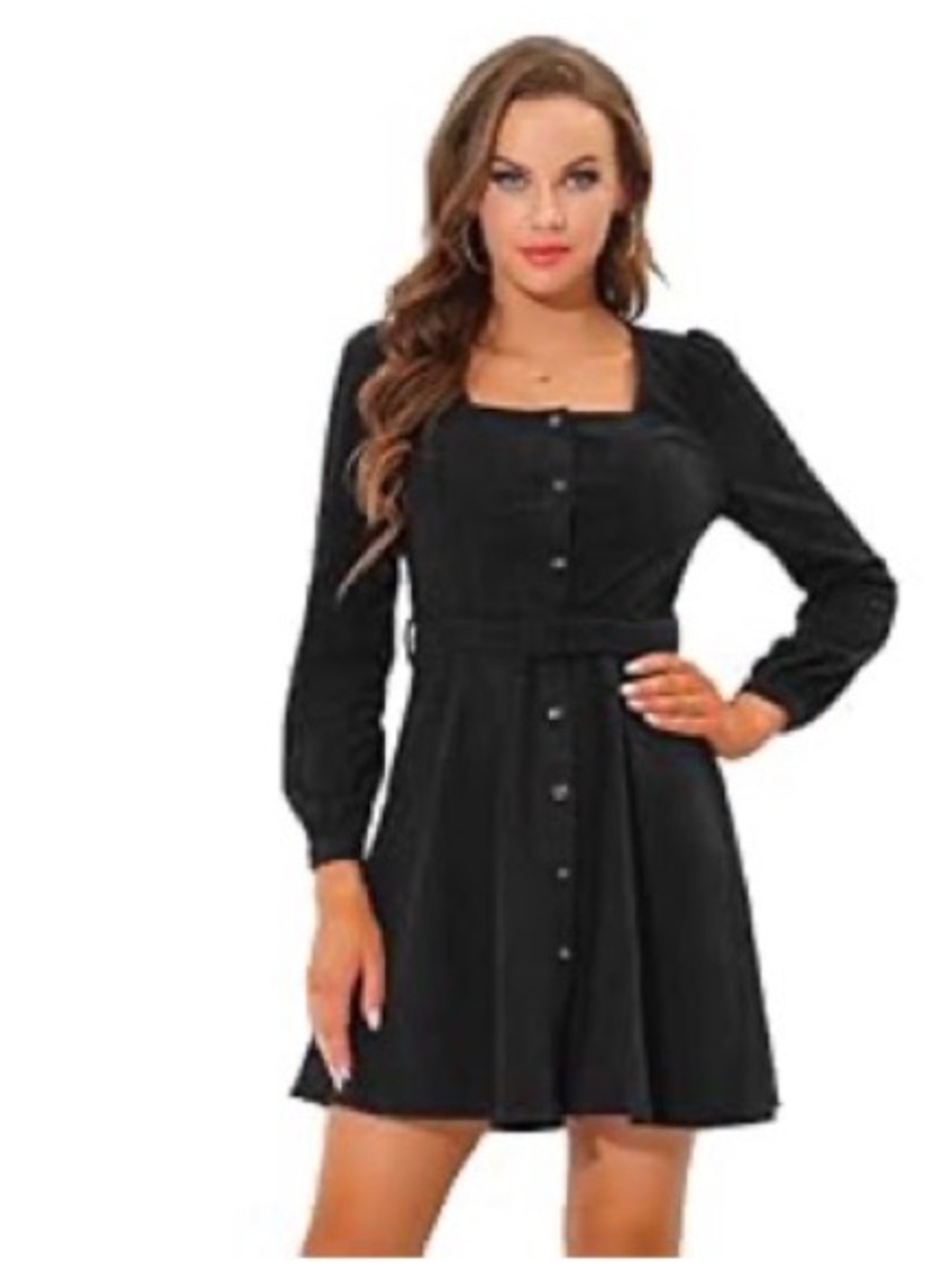 Allegra Black Long-Sleeve Button-Front Square Neck Dress